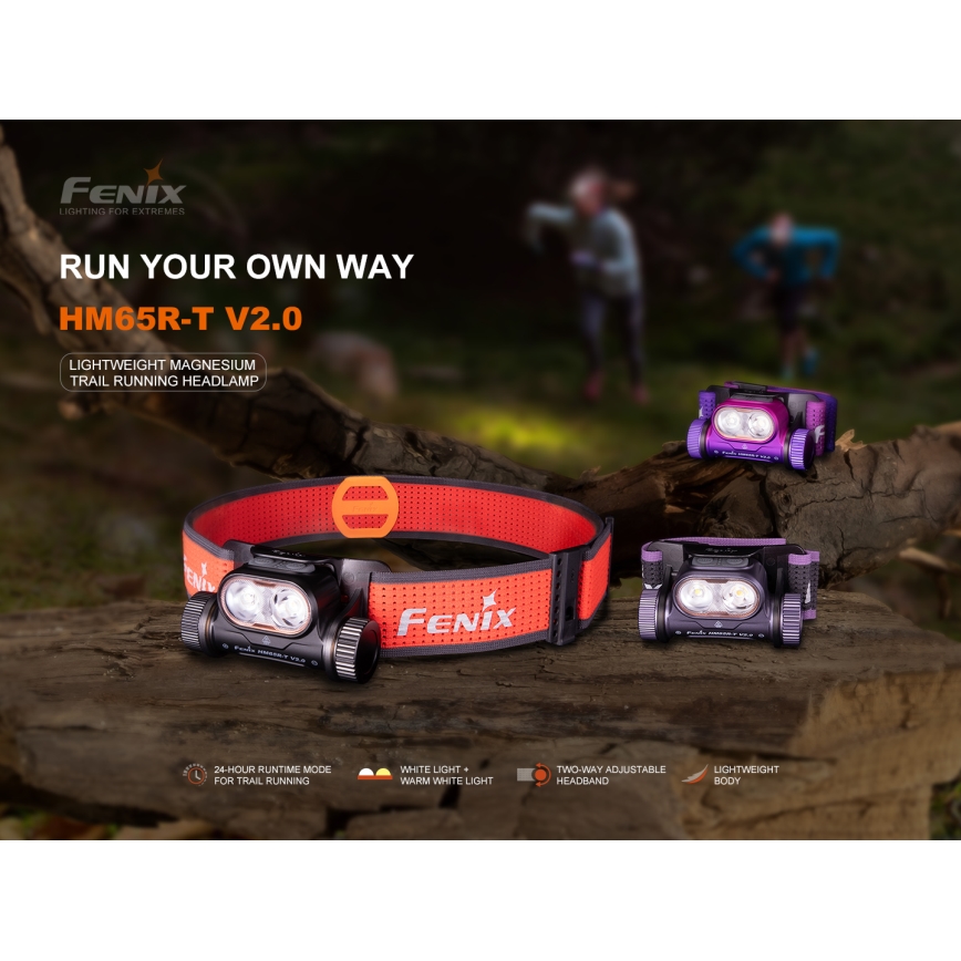 Fenix HM65RTV20PRP - Lampada frontale ricaricabile dimmerabile LED/USB/2xCR123A IP68 1600 lm 300h 3400 mAh nero/viola