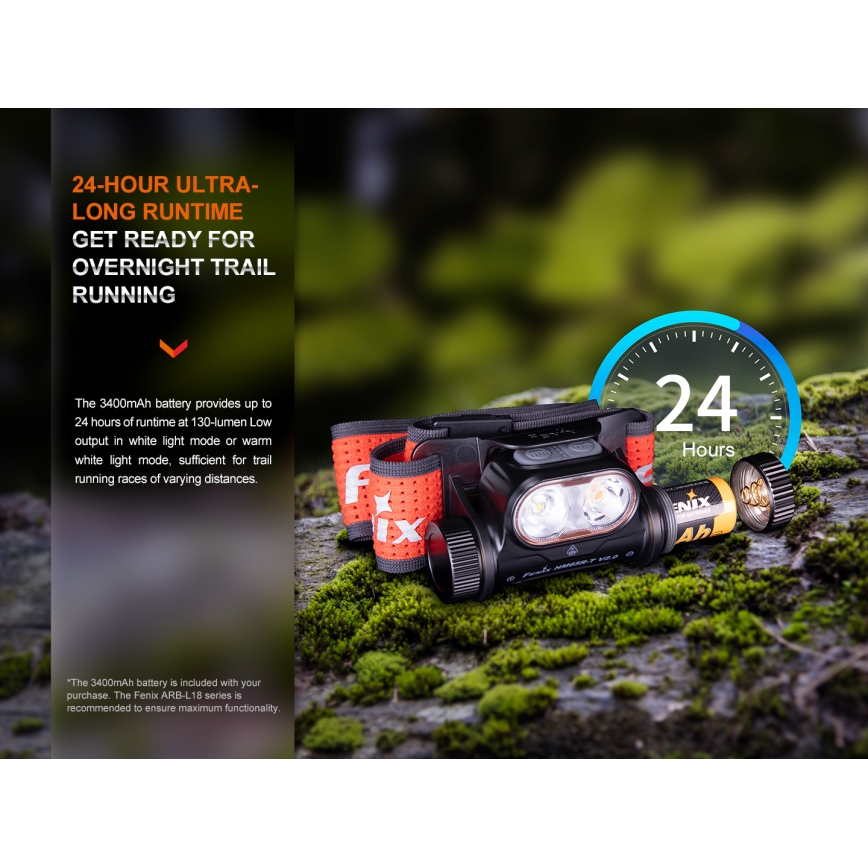 Fenix HM65RTV20PRP - Lampada frontale ricaricabile dimmerabile LED/USB/2xCR123A IP68 1600 lm 300h 3400 mAh nero/viola
