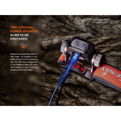 Fenix HM65RTV20PRP - Lampada frontale ricaricabile dimmerabile LED/USB/2xCR123A IP68 1600 lm 300h 3400 mAh nero/viola