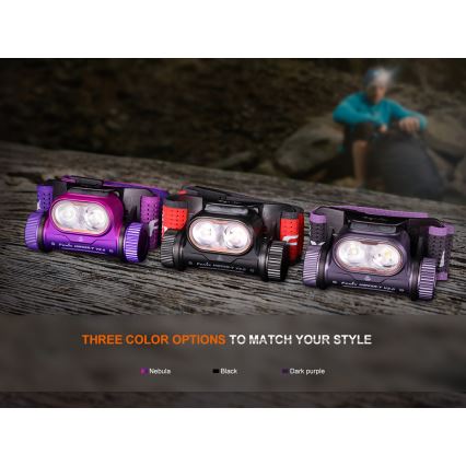 Fenix HM65RTV20PRP - Lampada frontale ricaricabile dimmerabile LED/USB/2xCR123A IP68 1600 lm 300h 3400 mAh nero/viola