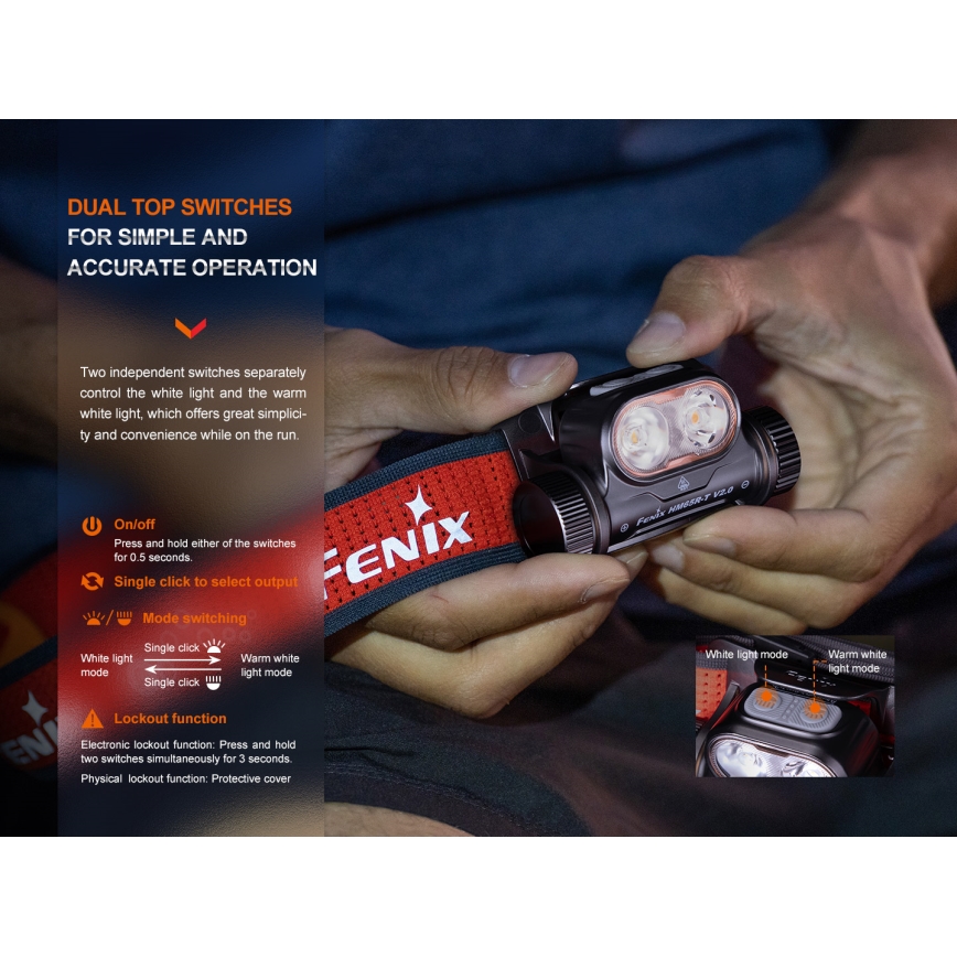Fenix HM65RTV20PRP - Lampada frontale ricaricabile dimmerabile LED/USB/2xCR123A IP68 1600 lm 300h 3400 mAh nero/viola