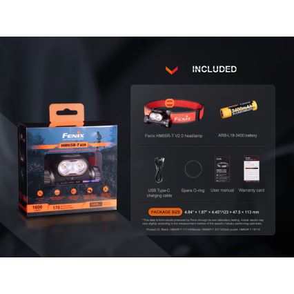 Fenix HM65RTV20PRP - Lampada frontale ricaricabile dimmerabile LED/USB/2xCR123A IP68 1600 lm 300h 3400 mAh nero/viola