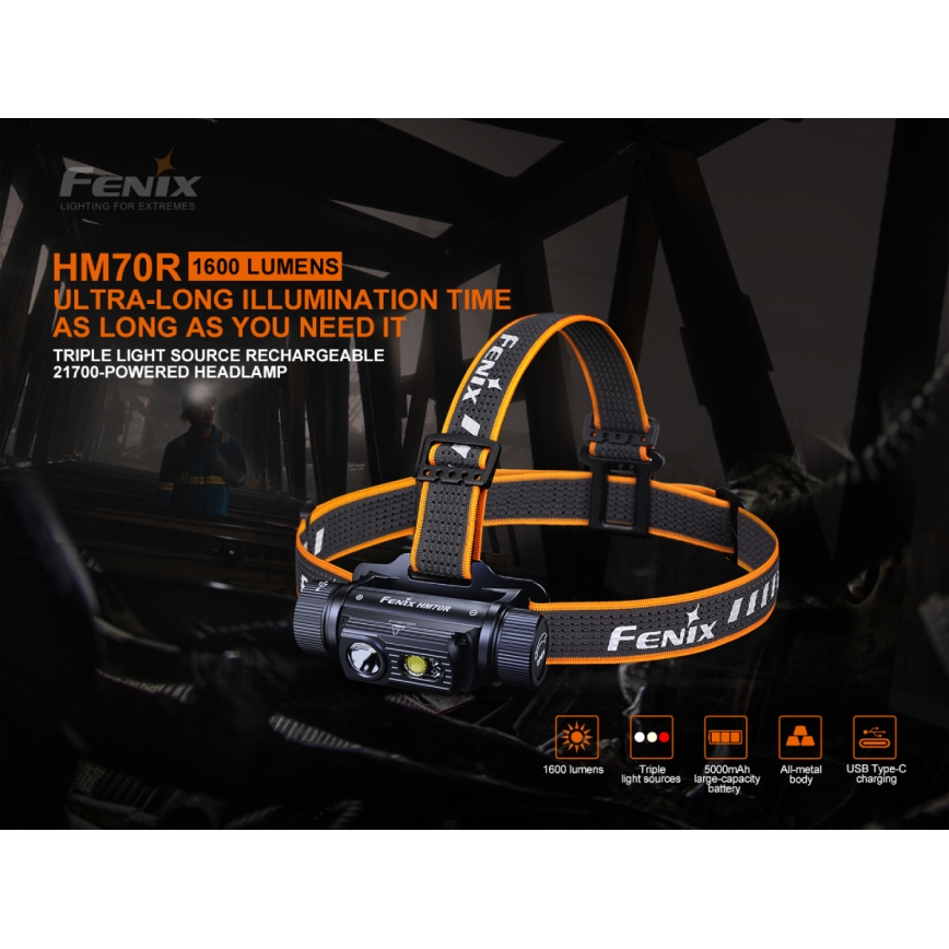 Fenix HM70R - Lampada frontale LED ricaricabile 4xLED/1x21700 IP68 1600 lucente 800 h 5000 mAh