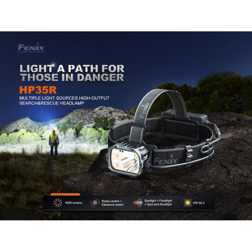 Fenix HP35R - Torcia frontale a LED dimmerabile, ricaricabile via USB, batteria 5000 mAh, grado di protezione IP66, 4000 lm, autonomia fino a 500 ore, nera