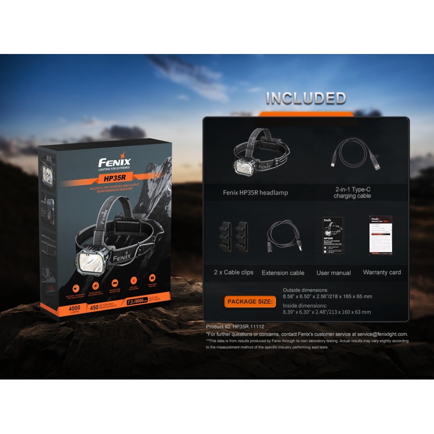 Fenix HP35R - Torcia frontale a LED dimmerabile, ricaricabile via USB, batteria 5000 mAh, grado di protezione IP66, 4000 lm, autonomia fino a 500 ore, nera