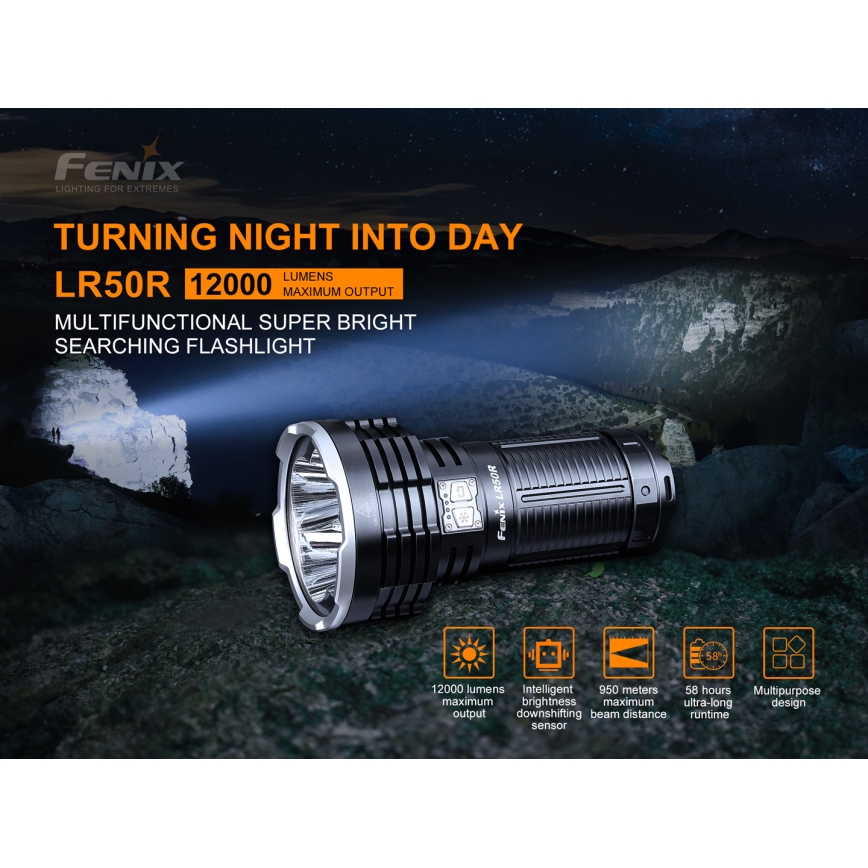 Fenix LR50R - Torcia LED ricaricabile 4xLED/USB IP68