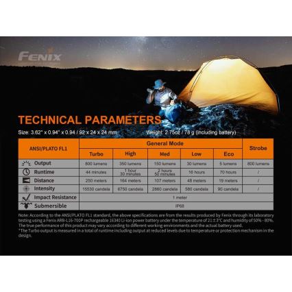 Fenix PD25R - Torcia LED ricaricabile LED/USB/1xCR123A IP68 800 lm 70 h 700 mAh
