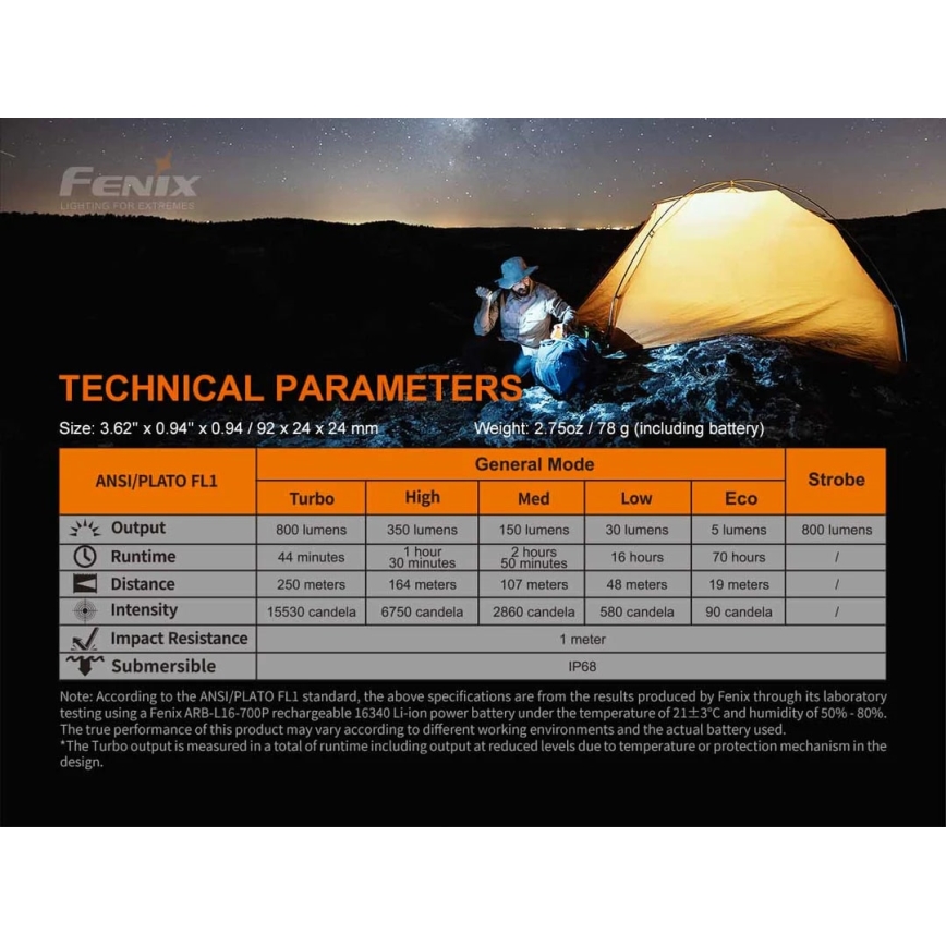 Fenix PD25R - Torcia LED ricaricabile LED/USB/1xCR123A IP68 800 lm 70 h 700 mAh