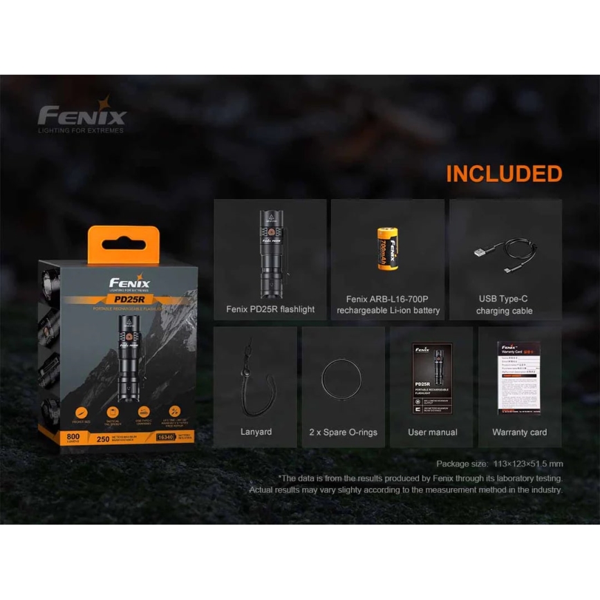 Fenix PD25R - Torcia LED ricaricabile LED/USB/1xCR123A IP68 800 lm 70 h 700 mAh