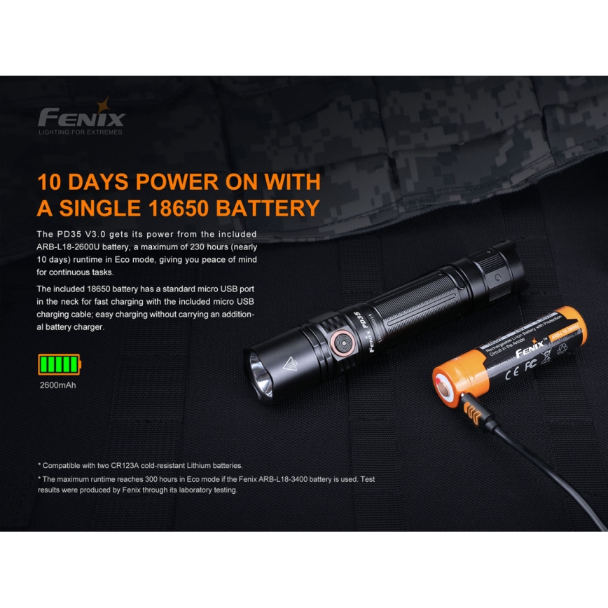 Fenix PD35V30 - Torcia LED ricaricabile LED/USB/2xCR123A IP68 1700 lucente 230 h 2600 mAh