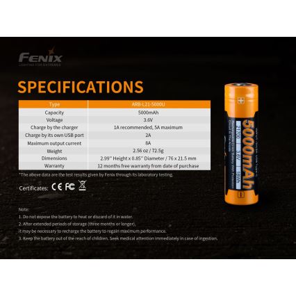 Fenix ​​​​FE21700USB - 1pz Batteria ricaricabile USB/3.6V 5000 mAh