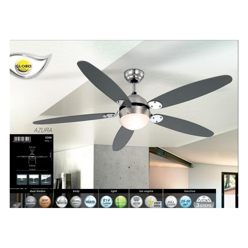 GLOBO 0308 - Ventilatore da soffitto AZURA 1xE14/60W/230V