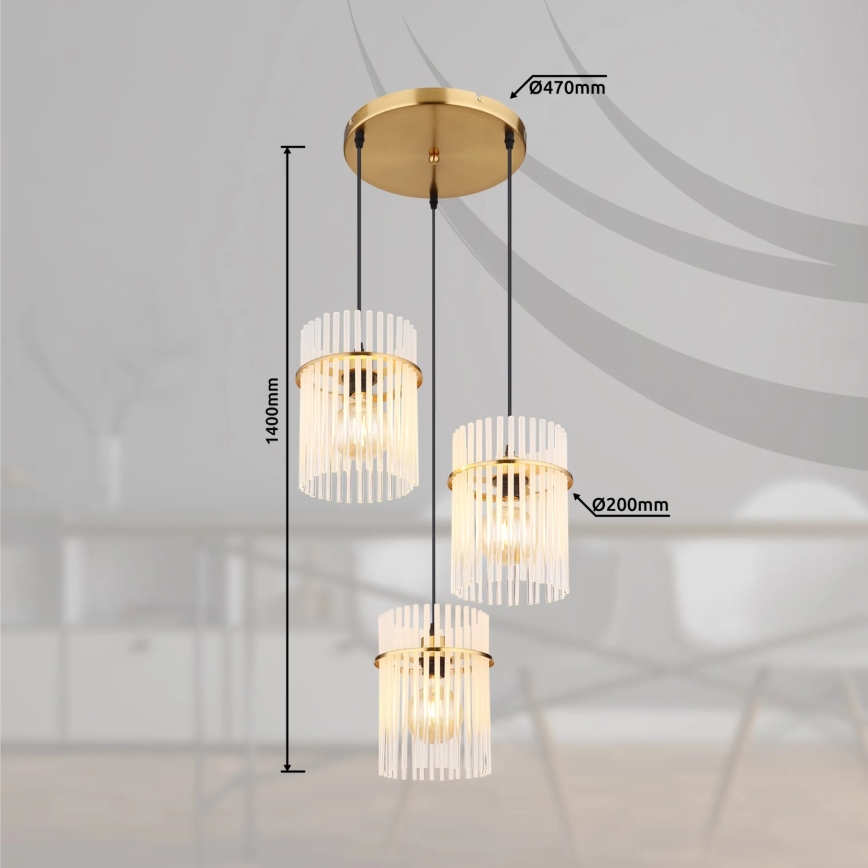 Globo - Lampadario a sospensione con filo 3xE27/60W/230V diametro 47 cm oro