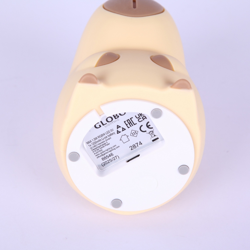 Globo - Luce notturna ricaricabile per bambini LED RGBW dimmerabile, LED 1,5W/5V, batteria 1200 mAh, capibara