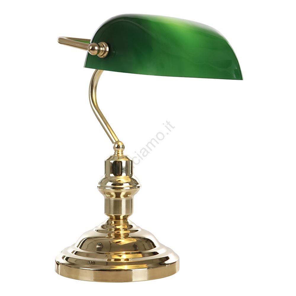 Lampada Da Tavolo Stile Banchiere, Globo Nostalgia, Ottone E Paralume Verde, Attacco E27, 60W Max, 25x19x36 Cm