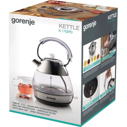 GORENJE K17GPD - Bollitore elettrico rapido 1,7 l, 2200 W/230 V, vetro/acciaio inox
