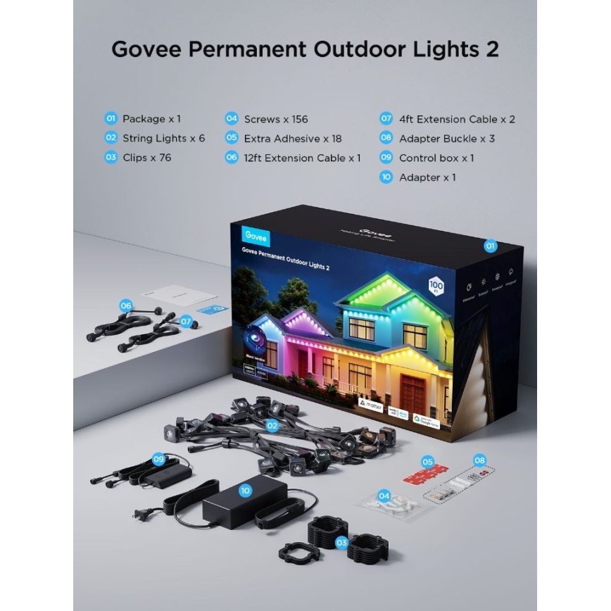 Govee - Catena di faretti LED RGBIC 30 m, Wi-Fi, compatibile con Matter, IP67