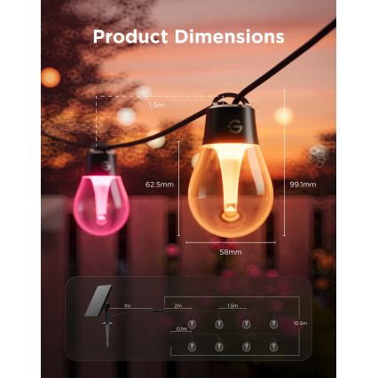 Govee - LED RGBICW Catena luminosa solare 8xLED/6W/5V Wi-Fi Matter IP67
