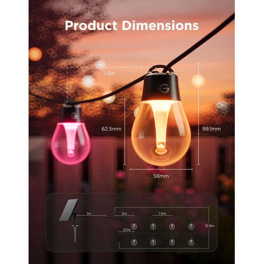 Govee - LED RGBICW Catena luminosa solare 8xLED/6W/5V Wi-Fi Matter IP67