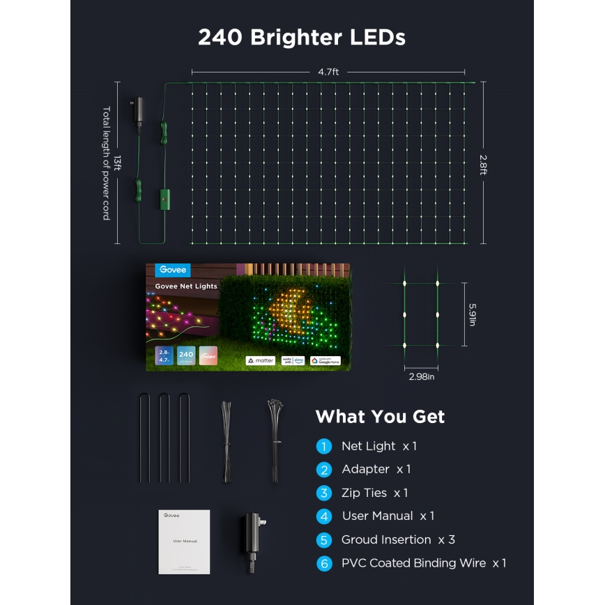 Govee - Rete luminosa LED RGBIC per esterni 143x85cm Wi-Fi Matter IP65