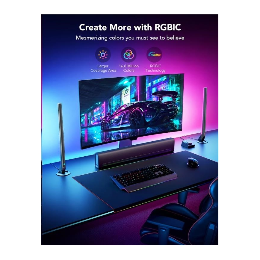 Govee - Set da 2 pannelli Smart Gaming Wi-Fi LED RGBIC + Smart Dual nero + telecomando