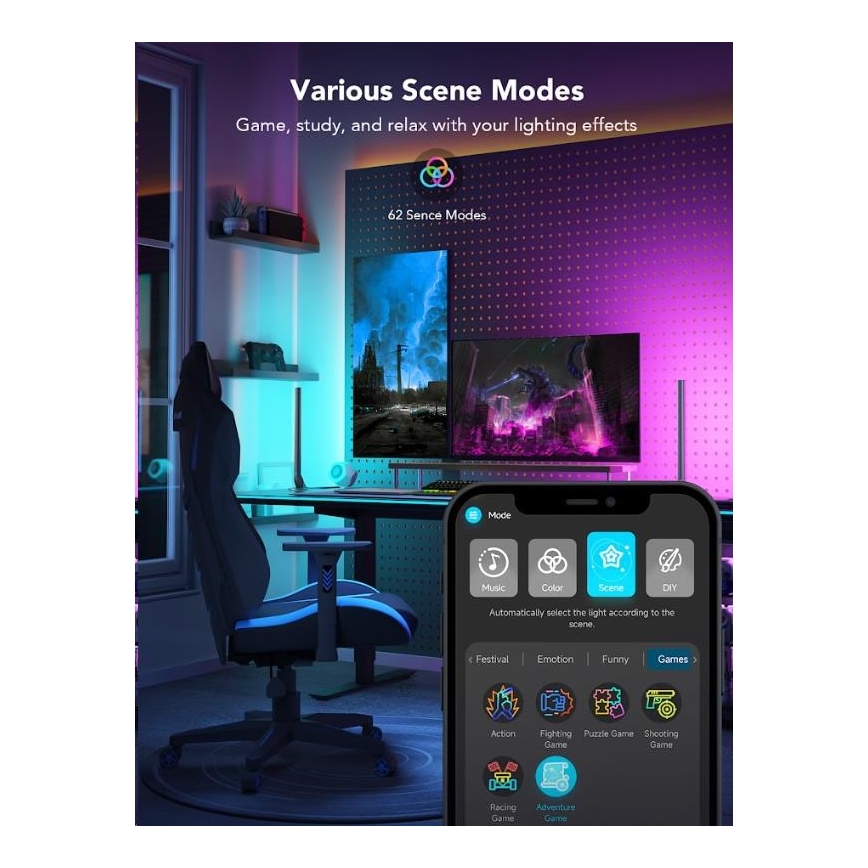 Govee - Set da 2 pannelli Smart Gaming Wi-Fi LED RGBIC + Smart Dual nero + telecomando
