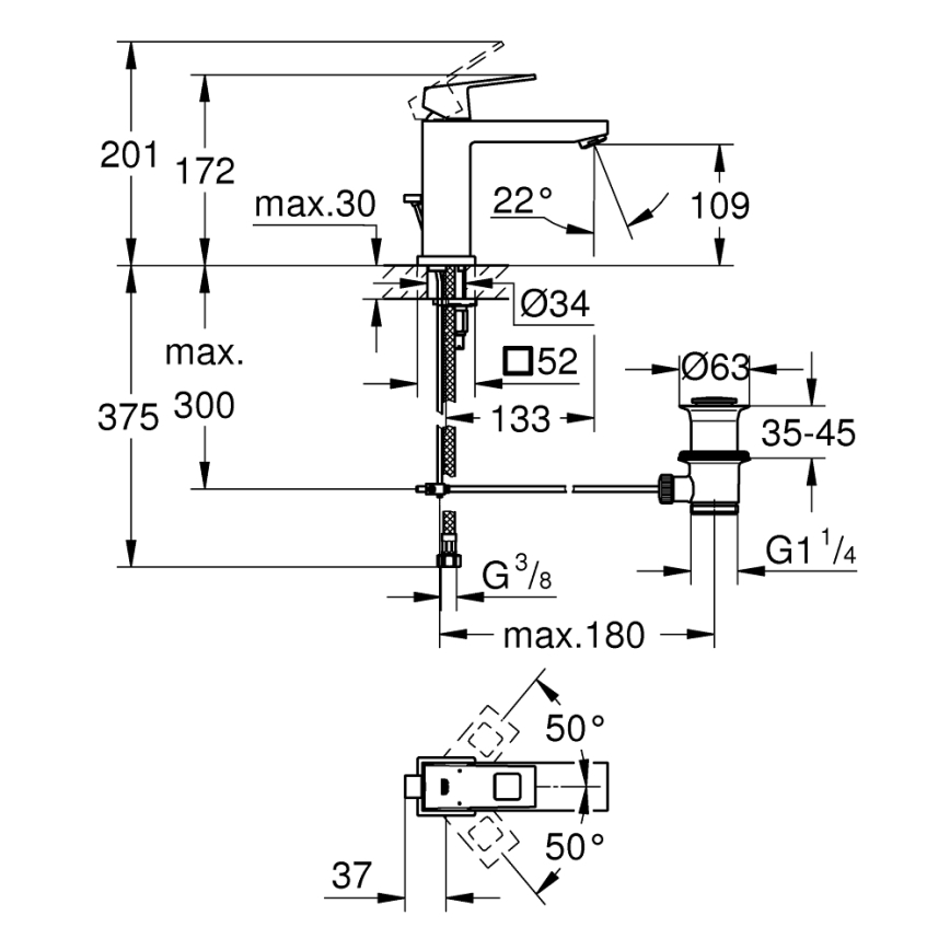 GROHE 23445000 - Miscelatore per lavabo EUROCUBE misura M, cromo lucido