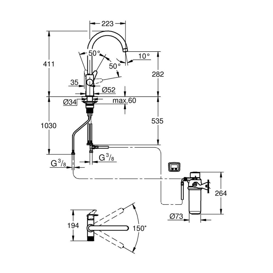 GROHE 30593000 - Miscelatore da lavello BLUE PURE con beccuccio a C, finitura cromata lucida