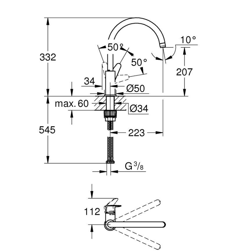 GROHE 31536001 - Miscelatore per lavello BAUCURVE 332 mm, cromo lucido