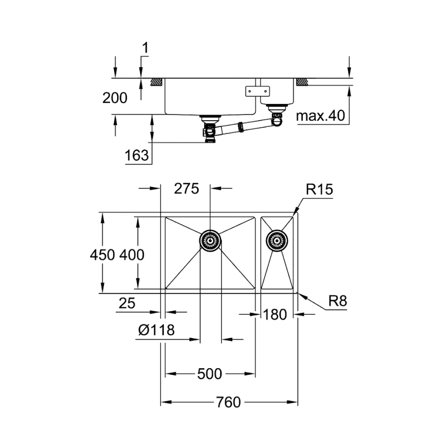 GROHE 31575SD1 - Lavello da cucina K700U 760 × 450 mm in acciaio inox