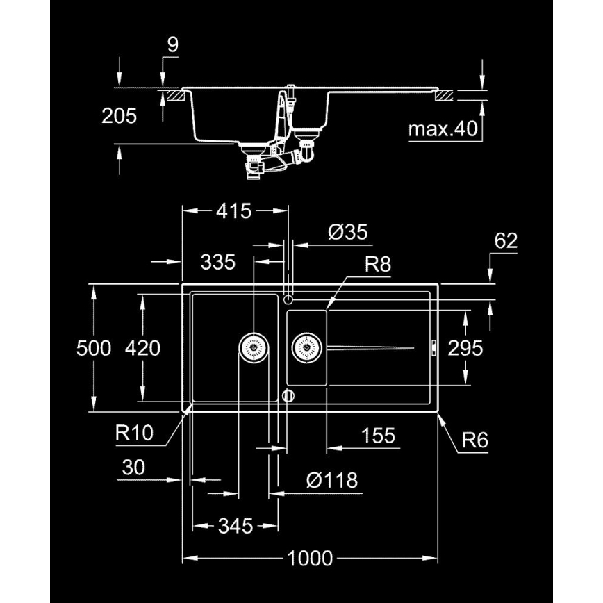 GROHE 31642AP0 - Lavello composito K400 1000 × 500 mm nero