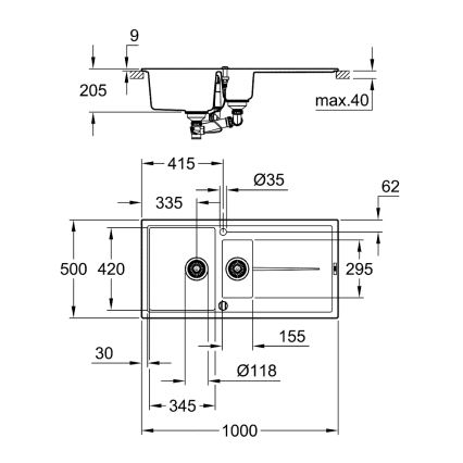 GROHE 31642AP0 - Lavello K400 1000 × 500 mm granito/nero