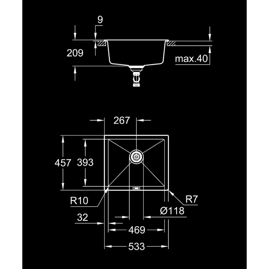 GROHE 31654AP0 - Lavello K700U 533 × 457 mm granito nero/nero