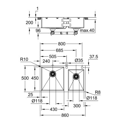 GROHE 31855SD0 - Lavello da cucina K700 860 × 500 mm in acciaio inox