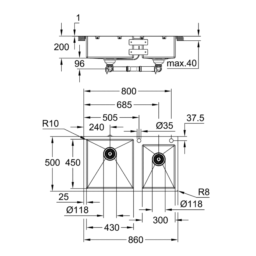 GROHE 31855SD0 - Lavello da cucina K700 860 × 500 mm in acciaio inox