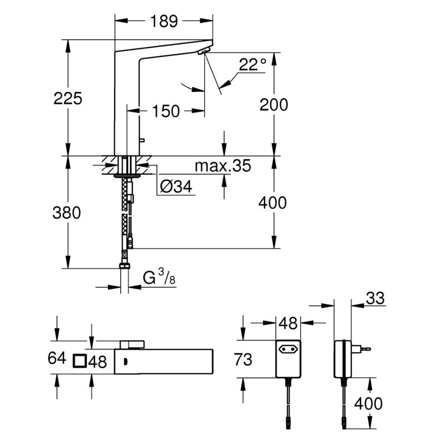 GROHE 36440000 - Miscelatore elettronico a infrarossi per lavabo EUROCUBE E DN 15 cromato