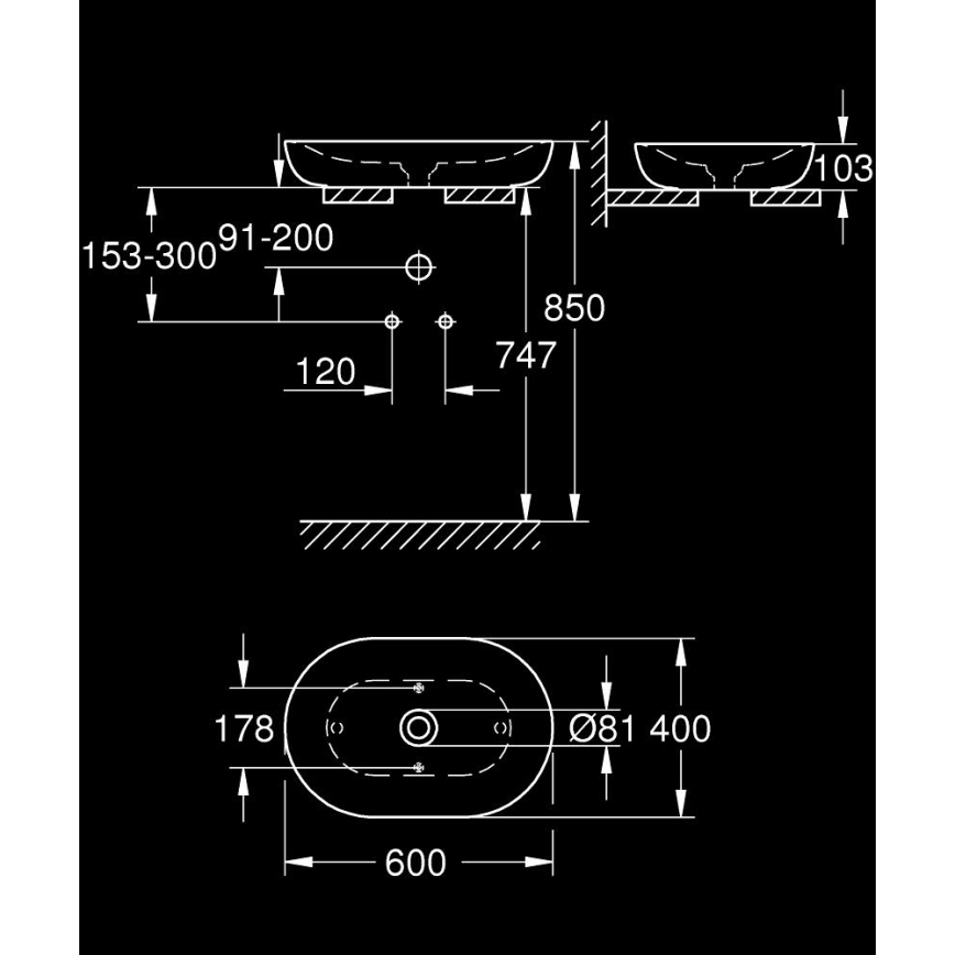 GROHE 3960800H - Lavabo da appoggio ESSENCE 600 × 400 mm ceramica/bianco