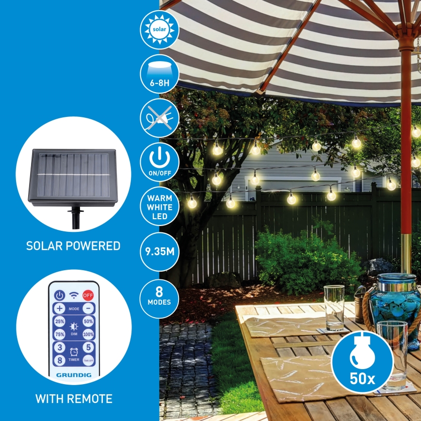Grundig - Catena luminosa solare a LED dimmerabile 50xLED/8 funzioni, 9,35 m, bianco caldo, 1200 mAh, IP44 + telecomando