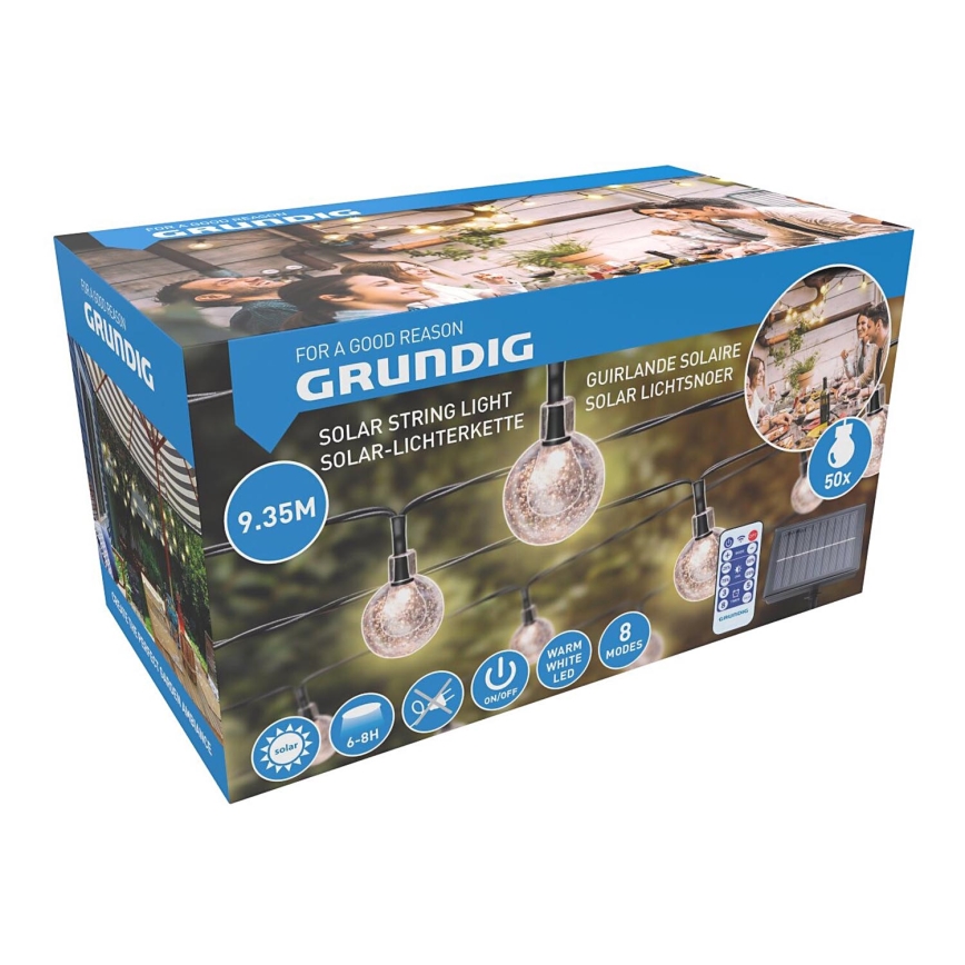 Grundig - Catena solare LED dimmerabile 50xLED/8 funzioni 9,35m bianco caldo 1200 mAh + telecomando