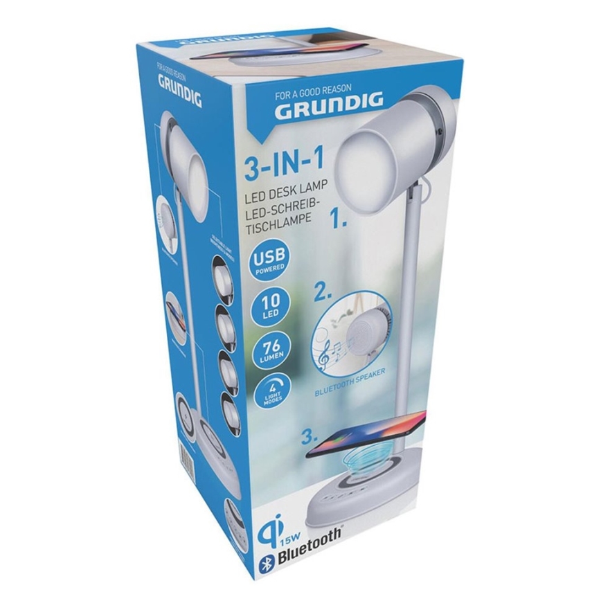 Grundig - Lampada da tavolo a LED con ricarica wireless integrata e altoparlante 3 in 1 LED/15W/5V