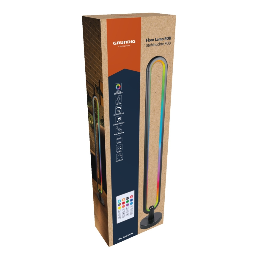 Grundig - Lampada da terra LED RGB dimmerabile 8W/5V + telecomando