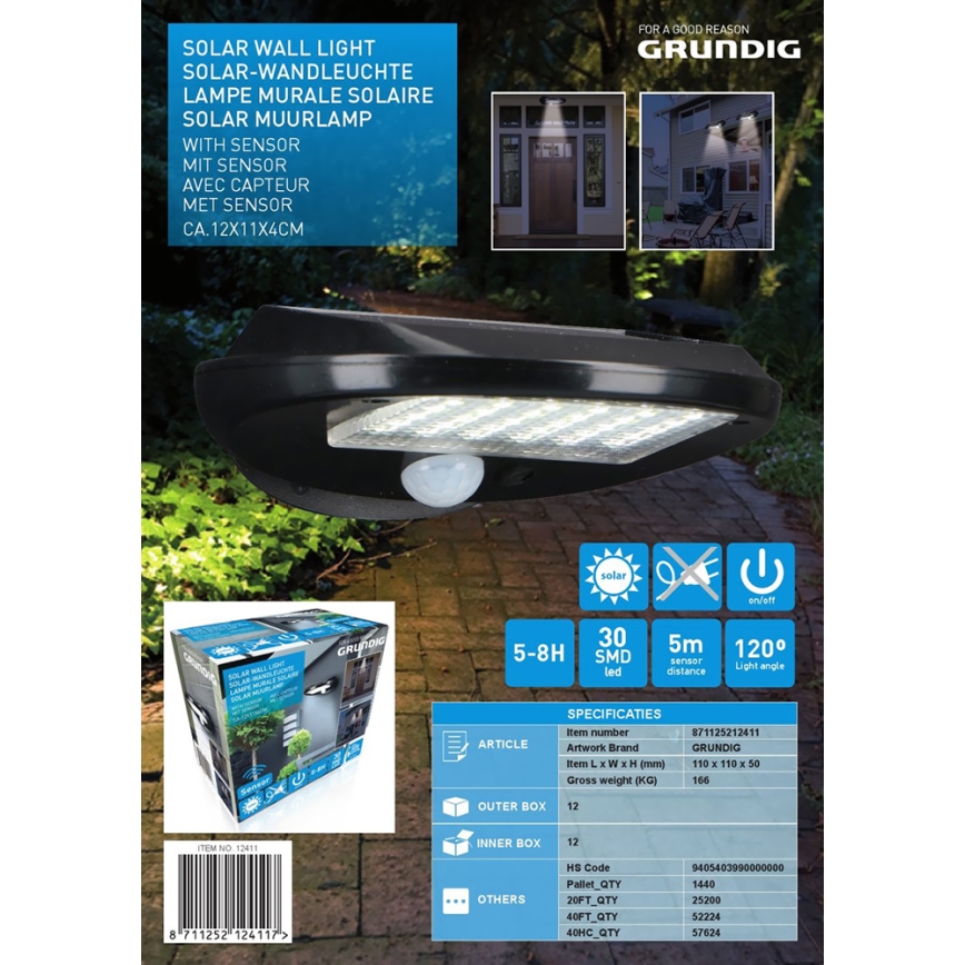 Grundig - SET 2x LED Applique solare con sensore di movimento e crepuscolare LED/3,2V 600 mAh