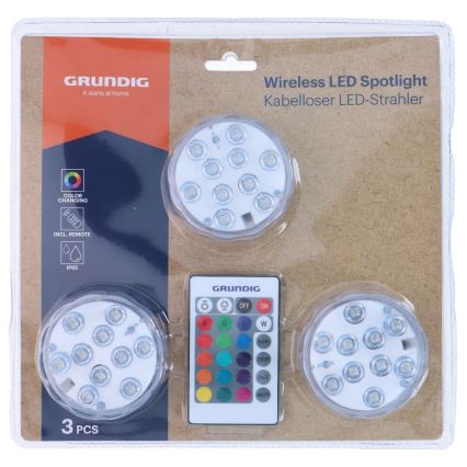 Grundig - SET da 3 lampade LED RGBW dimmerabili LED/3W/3xAAA IP65 + telecomando