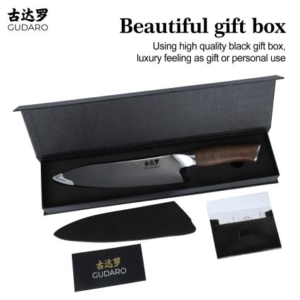 Gudaro - Coltello da chef in acciaio damascato TAKUMI 8, 67 strati d'acciaio, lama 20 cm, manico in noce