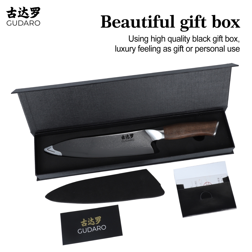 Gudaro - Coltello da chef in acciaio damascato TAKUMI 8, 67 strati d'acciaio, lama 20 cm, manico in noce