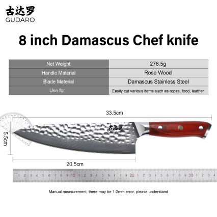 Gudaro - Coltello da chef in acciaio damasco MIYABI 8, 67 strati d'acciaio, lama 20 cm