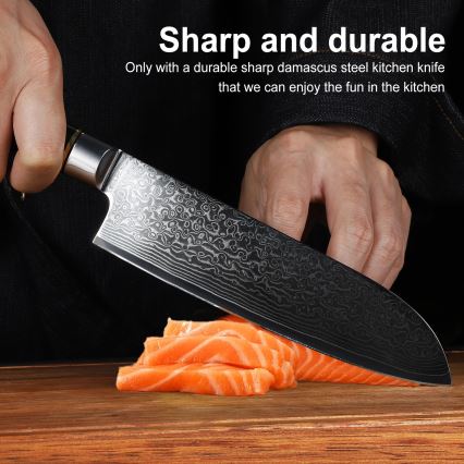 Gudaro - Coltello da cucina Santoku damascato AKIRO 7, 67 strati d'acciaio, lunghezza 17,5 cm, nero