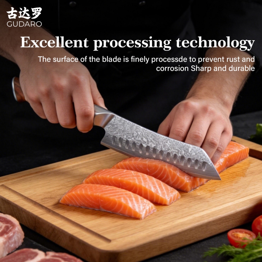 Gudaro - Coltello da cucina Santoku damascato TAKUMI 7, 67 strati d'acciaio, lunghezza 17,5 cm, manico in noce