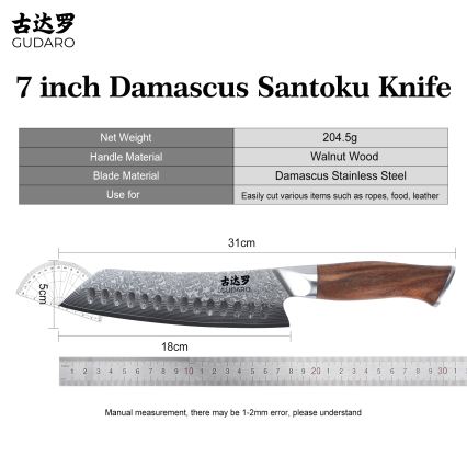 Gudaro - Coltello da cucina Santoku damascato TAKUMI 7, 67 strati d'acciaio, lunghezza 17,5 cm, manico in noce