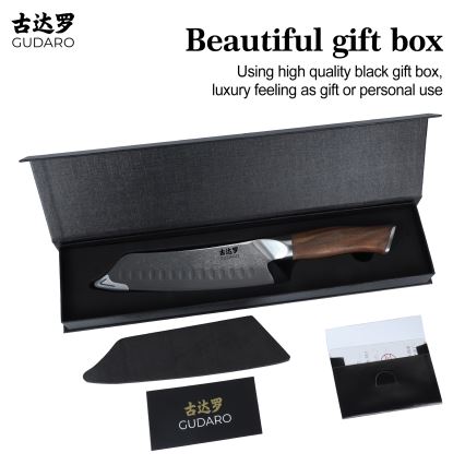 Gudaro - Coltello da cucina Santoku damascato TAKUMI 7, 67 strati d'acciaio, lunghezza 17,5 cm, manico in noce